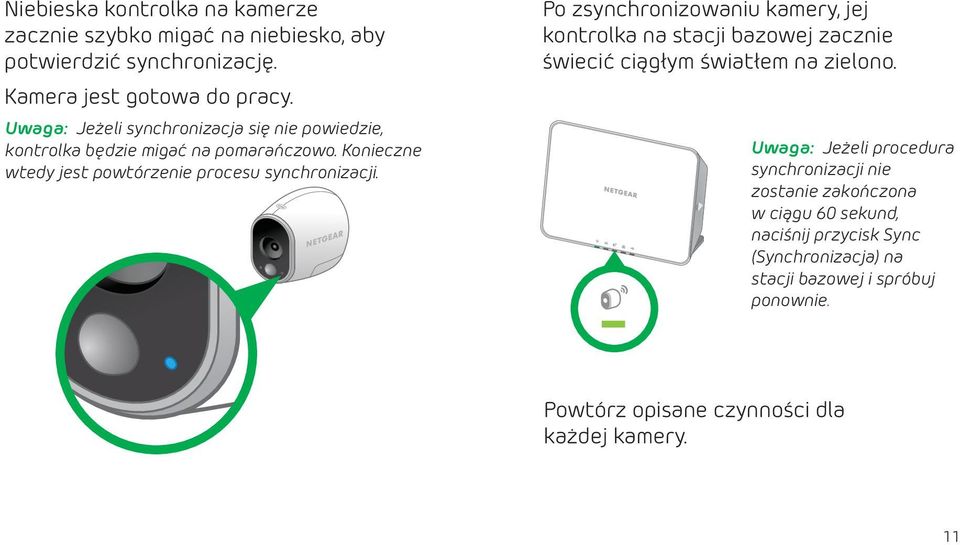Po zsynchronizowaniu kamery, jej kontrolka na stacji bazowej zacznie świecić ciągłym światłem na zielono.