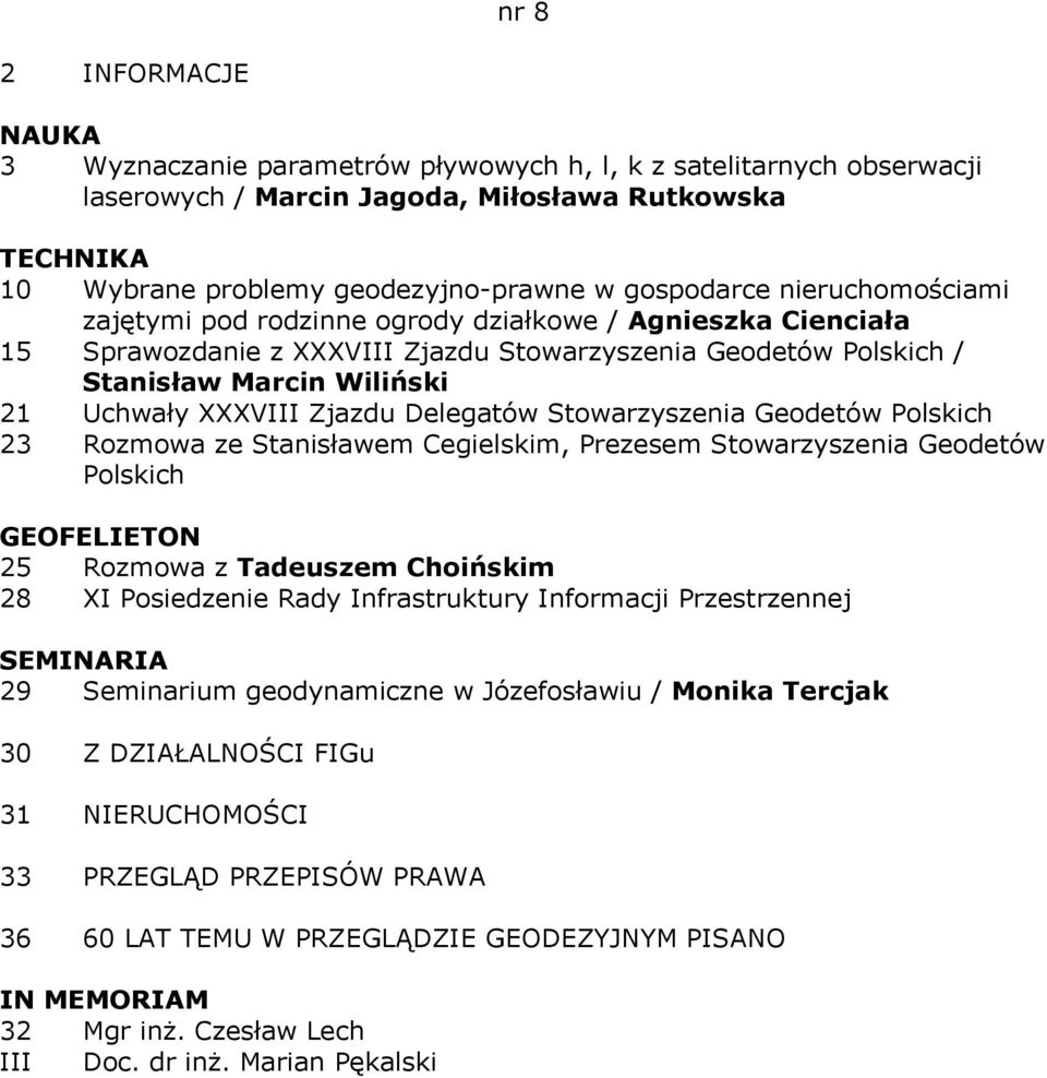 Delegatów Stowarzyszenia Geodetów Polskich 23 Rozmowa ze Stanisławem Cegielskim, Prezesem Stowarzyszenia Geodetów Polskich GEOFELIETON 25 Rozmowa z Tadeuszem Choińskim 28 XI Posiedzenie Rady