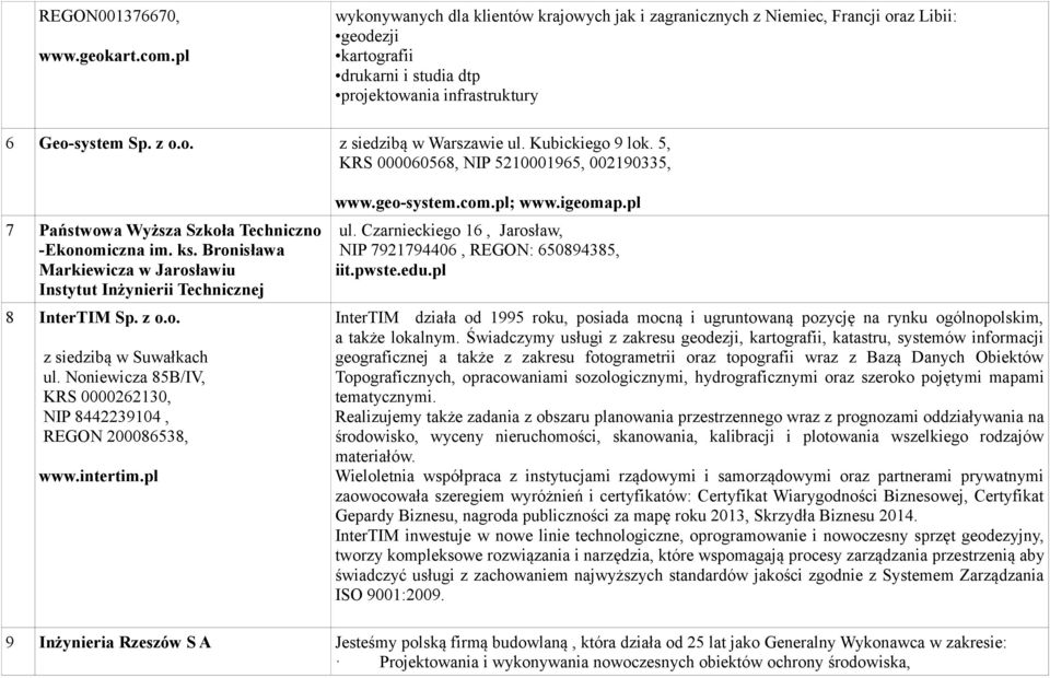 Kubickiego 9 lok. 5, KRS 000060568, NIP 5210001965, 002190335, 7 Państwowa Wyższa Szkoła Techniczno -Ekonomiczna im. ks.