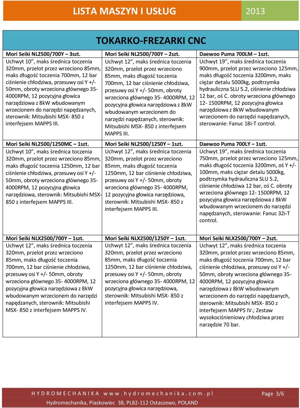 chłodziwa, przesuwy osi Y +/- 700mm, 12 bar ciśnienie chłodziwa, ciężar detalu 5000kg, podtrzymka 50mm, obroty wrzeciona głównego 35- przesuwy osi Y +/- 50mm, obroty hydrauliczna SLU 5.