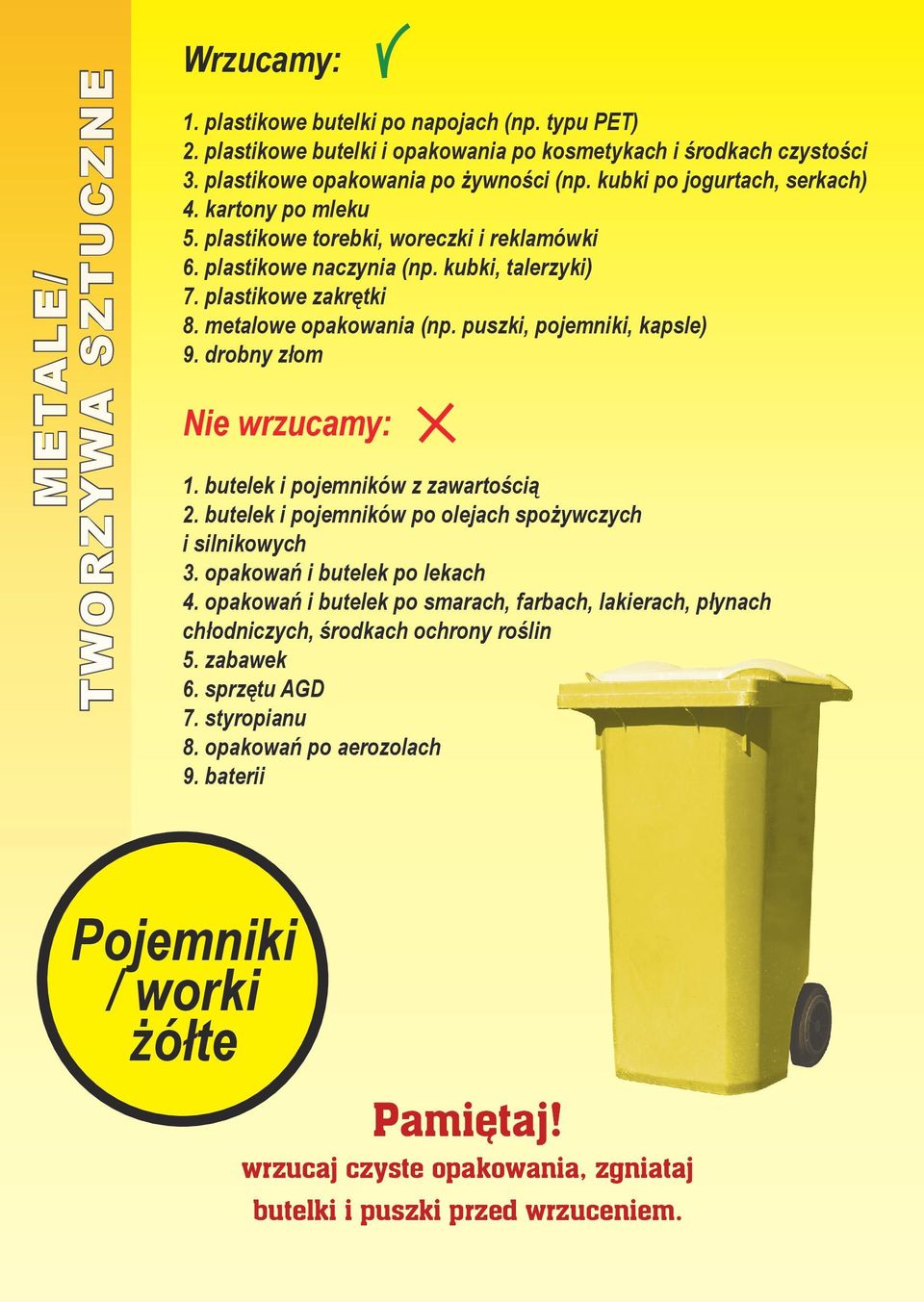 puszki, pojemniki, kapsle) 9. drobny złom 1. butelek i pojemników z zawartością 2. butelek i pojemników po olejach spożywczych i silnikowych 3. opakowań i butelek po lekach 4.