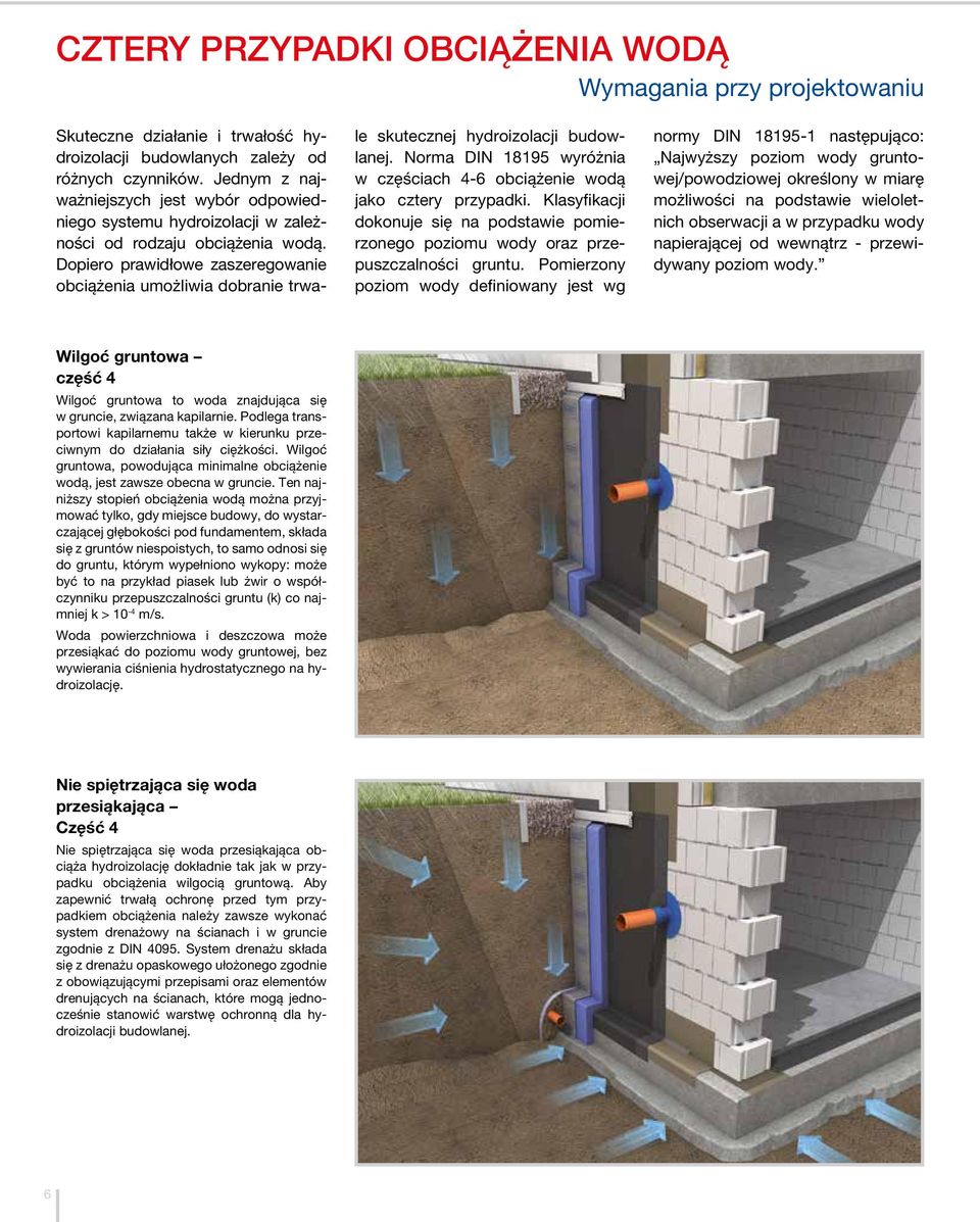 Dopiero prawidłowe zaszeregowanie obciążenia umożliwia dobranie trwa- le skutecznej hydroizolacji budowlanej. Norma DIN 18195 wyróżnia w częściach 4-6 obciążenie wodą jako cztery przypadki.