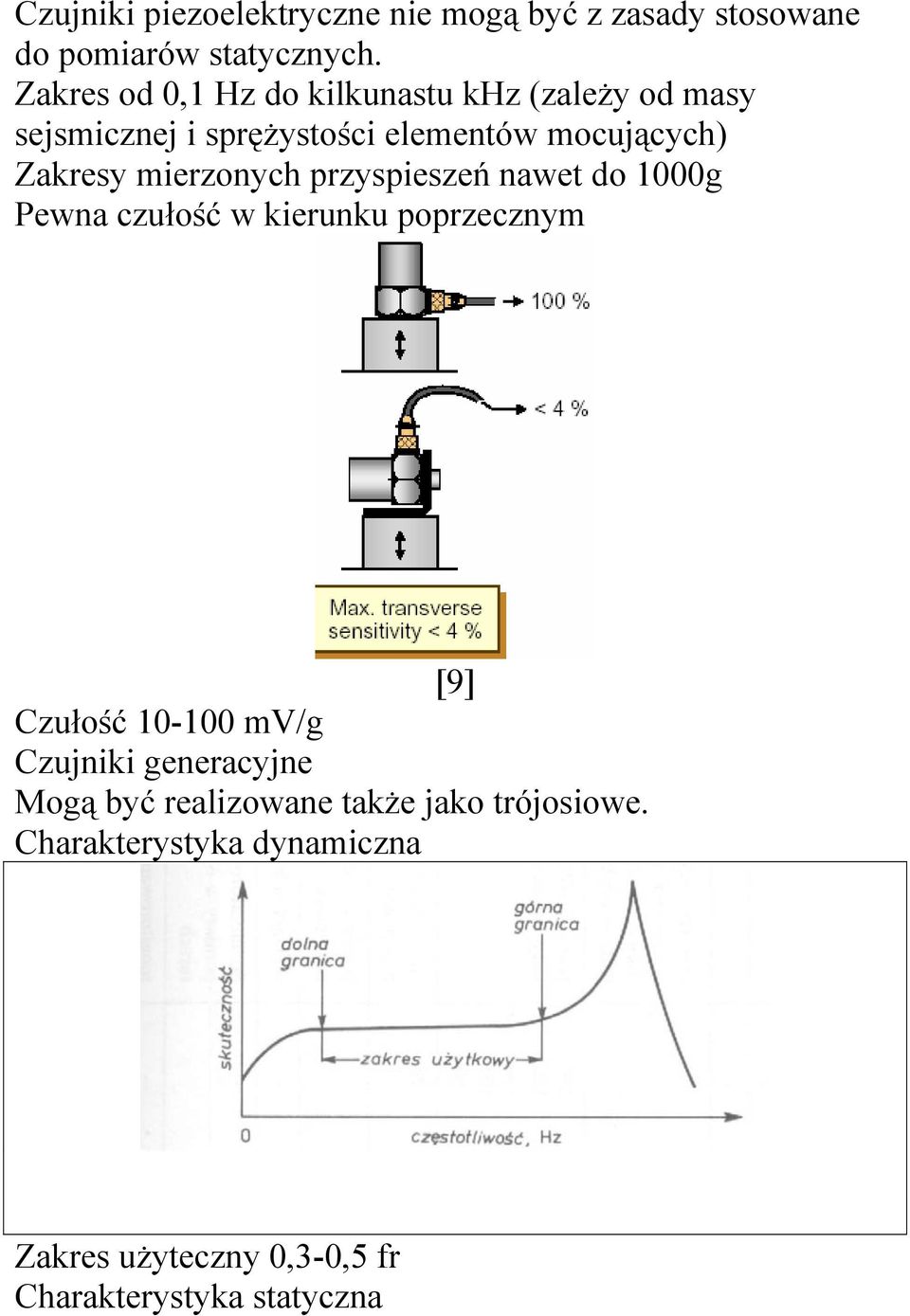 mierzonych przyspieszeń nawet do 1000g Pewna czułość w kierunku poprzecznym [9] Czułość 10-100 mv/g Czujniki