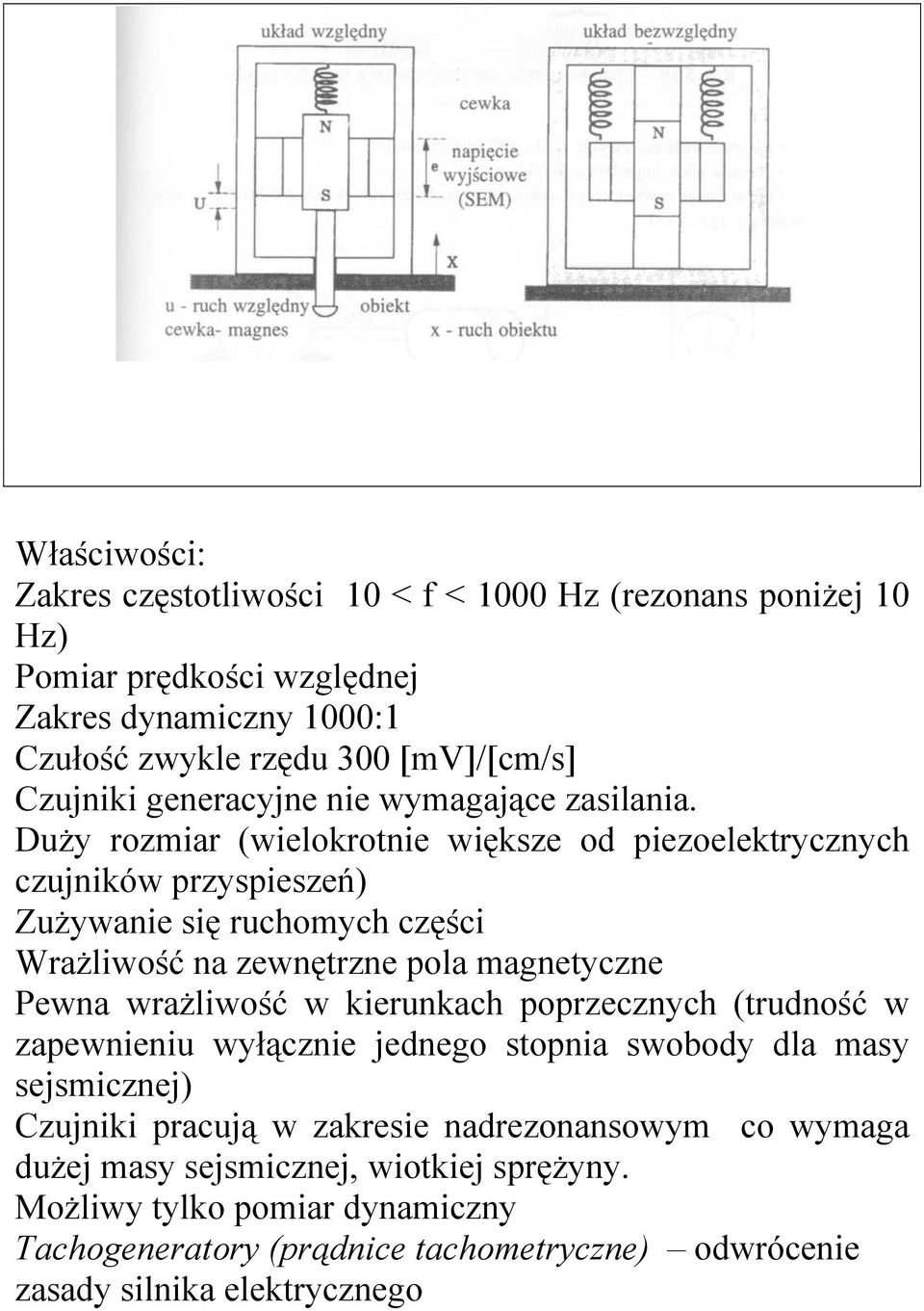 Duży rozmiar (wielokrotnie większe od piezoelektrycznych czujników przyspieszeń) Zużywanie się ruchomych części Wrażliwość na zewnętrzne pola magnetyczne Pewna wrażliwość w