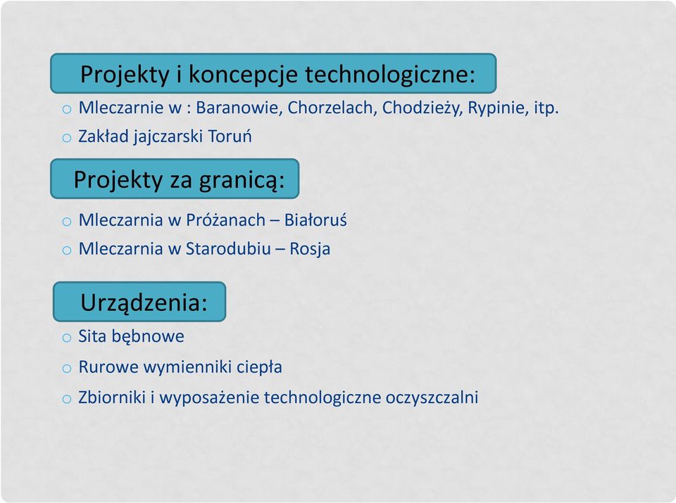 o Zakład jajczarski Toruń Projekty za granicą: o Mleczarnia w Próżanach Białoruś