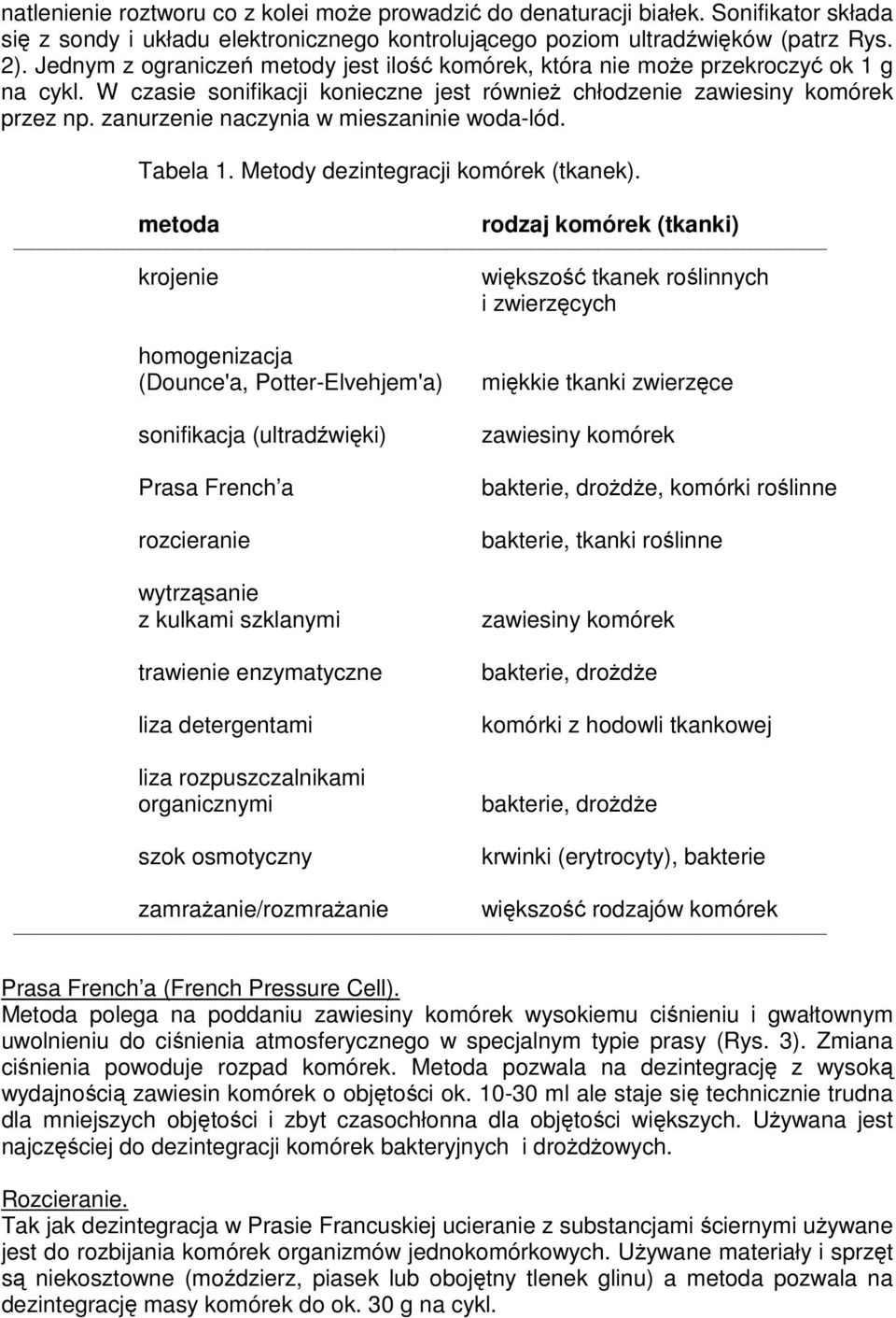 zanurzenie naczynia w mieszaninie woda-lód. Tabela 1. Metody dezintegracji komórek (tkanek).