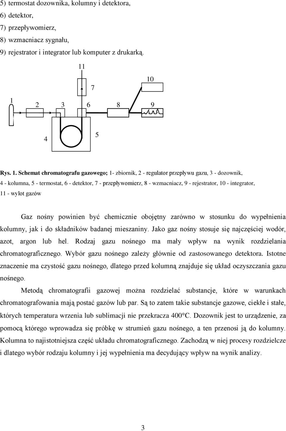 rejestrator, 10 - integrator, 11 - wylot gazów Gaz nośny powinien być chemicznie obojętny zarówno w stosunku do wypełnienia kolumny, jak i do składników badanej mieszaniny.