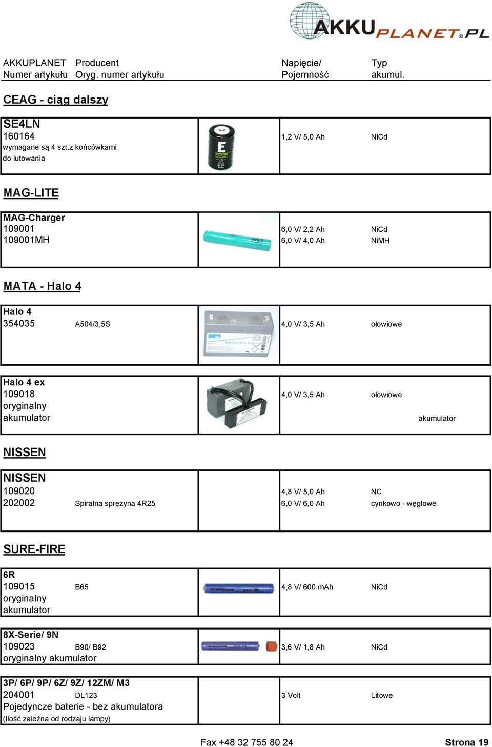 ołowiowe oryginalny akumulator akumulator NISSEN NISSEN 109020 4,8 V/ 5,0 Ah NC 202002 Spiralna spręzyna 4R25 6,0 V/ 6,0 Ah cynkowo - węglowe SURE-FIRE 6R 109015 B65 4,8 V/ 600 mah NiCd oryginalny