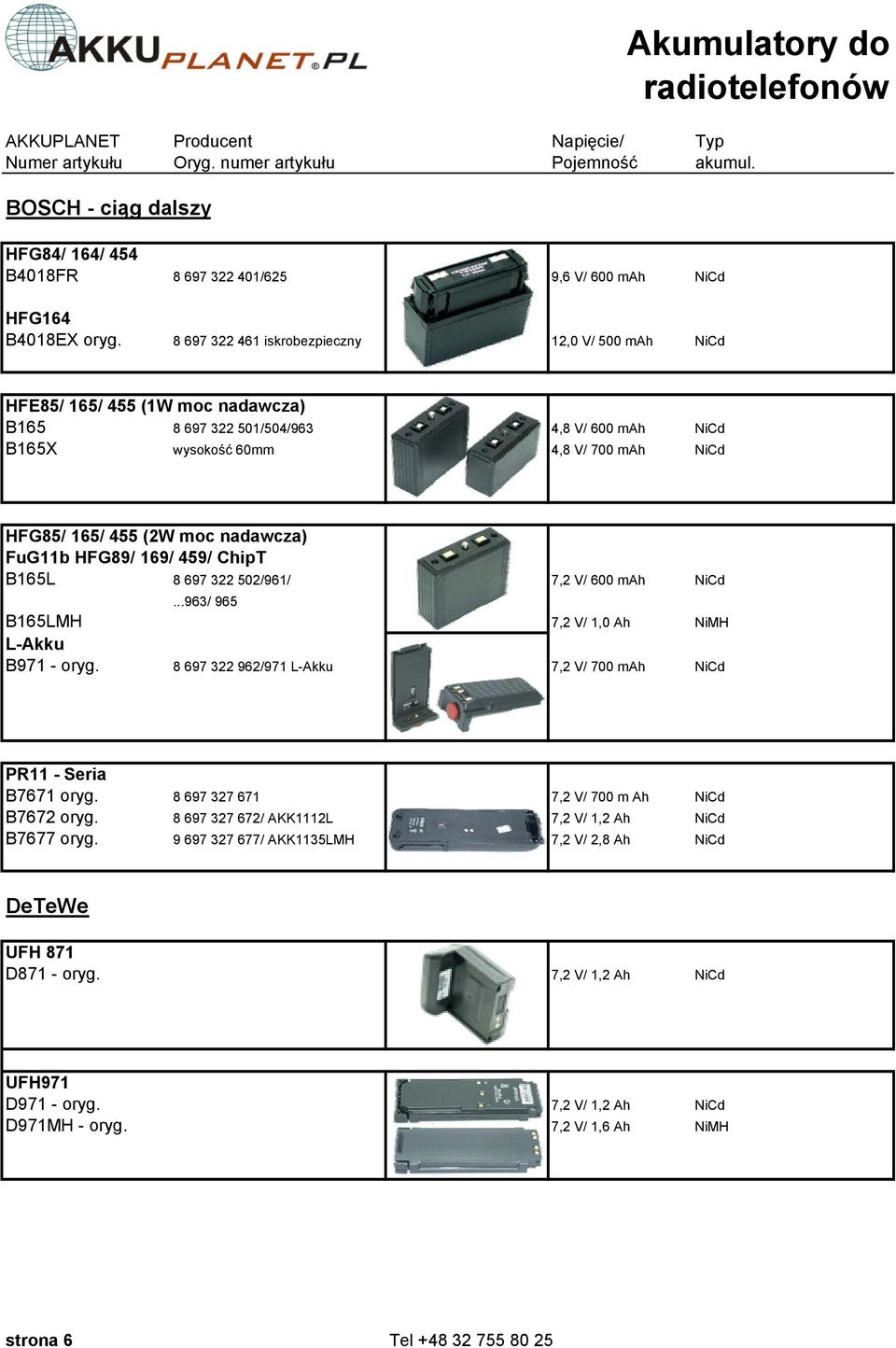 8 697 322 461 iskrobezpieczny 12,0 V/ 500 mah NiCd HFE85/ 165/ 455 (1W moc nadawcza) B165 8 697 322 501/504/963 4,8 V/ 600 mah NiCd B165X wysokość 60mm 4,8 V/ 700 mah NiCd HFG85/ 165/ 455 (2W moc