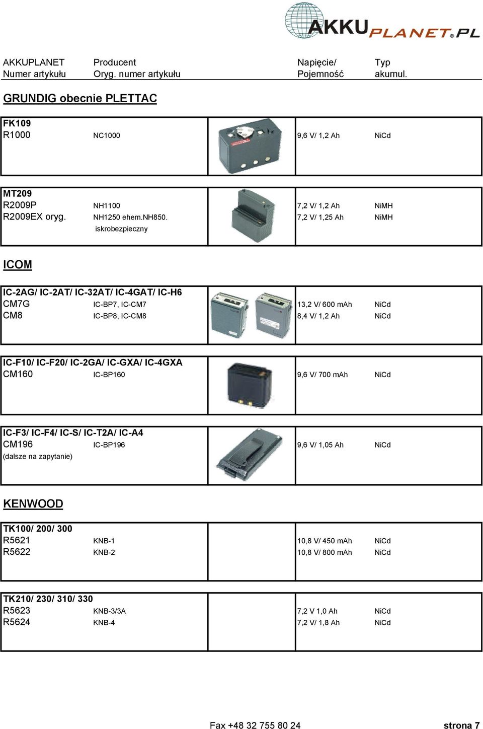 7,2 V/ 1,25 Ah NiMH iskrobezpieczny ICOM IC-2AG/ IC-2AT/ IC-32AT/ IC-4GAT/ IC-H6 CM7G IC-BP7, IC-CM7 13,2 V/ 600 mah NiCd CM8 IC-BP8, IC-CM8 8,4 V/ 1,2 Ah NiCd IC-F10/ IC-F20/ IC-2GA/