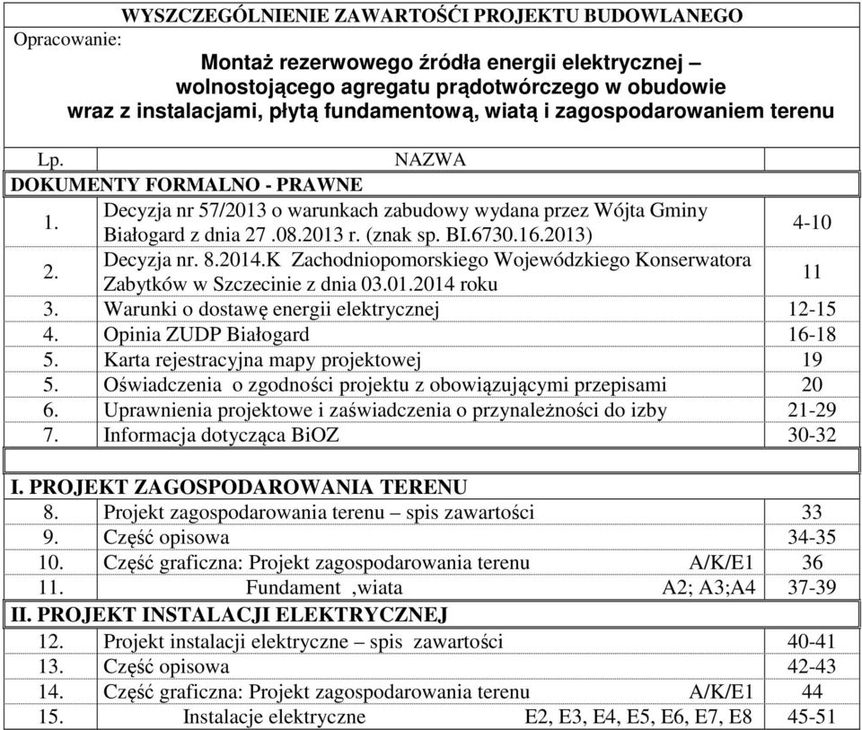 2013) 4-10 2. Decyzja nr. 8.2014.K Zachodniopomorskiego Wojewódzkiego Konserwatora Zabytków w Szczecinie z dnia 03.01.2014 roku 11 3. Warunki o dostawę energii elektrycznej 12-15 4.