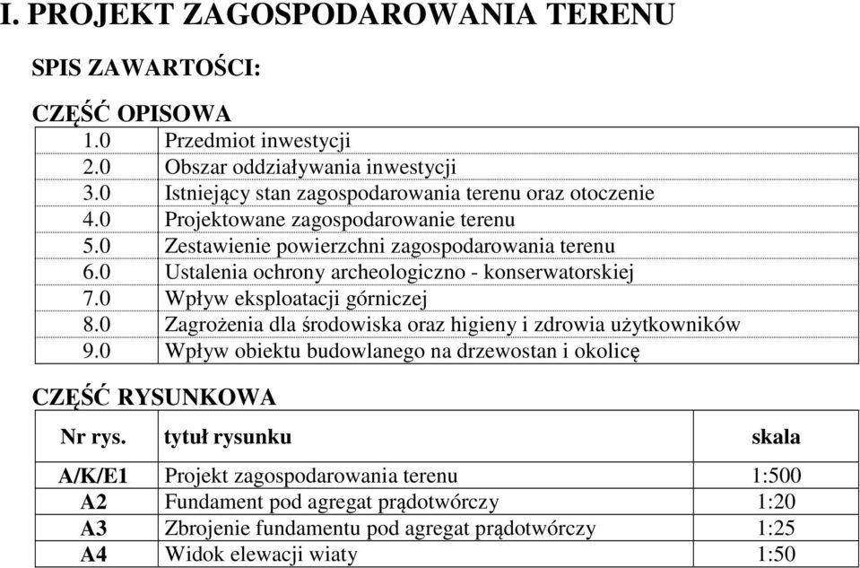 0 Ustalenia ochrony archeologiczno - konserwatorskiej 7.0 Wpływ eksploatacji górniczej 8.0 Zagrożenia dla środowiska oraz higieny i zdrowia użytkowników 9.