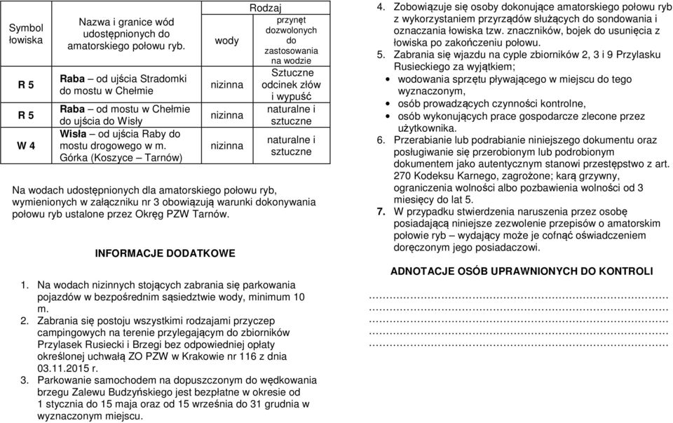 obowiązują warunki dokonywania połowu ryb ustalone przez Okręg PZW Tarnów. INFORMACJE DODATKOWE 1.