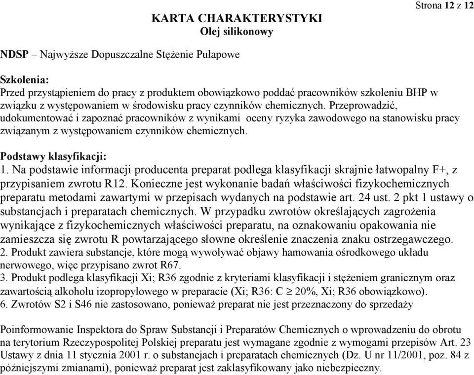 Podstawy klasyfikacji: 1. Na podstawie informacji producenta preparat podlega klasyfikacji skrajnie łatwopalny F+, z przypisaniem zwrotu R12.