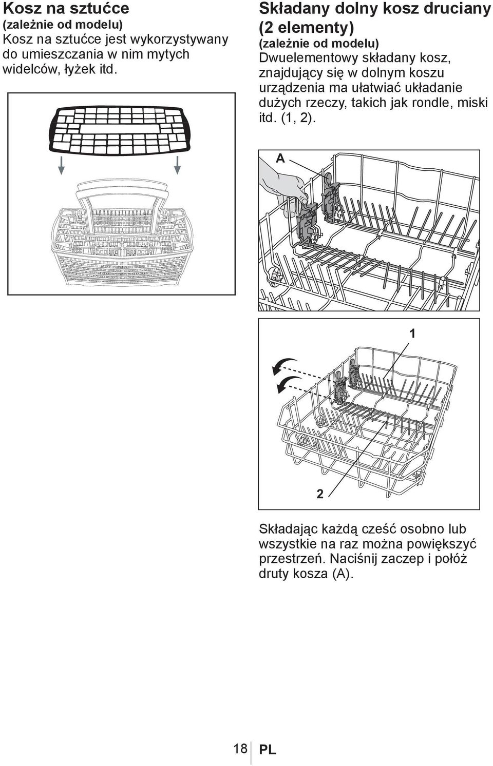 znajdujący się w dolnym koszu urządzenia ma ułatwiać układanie dużych rzeczy, takich jak rondle, miski itd. (1, 2).