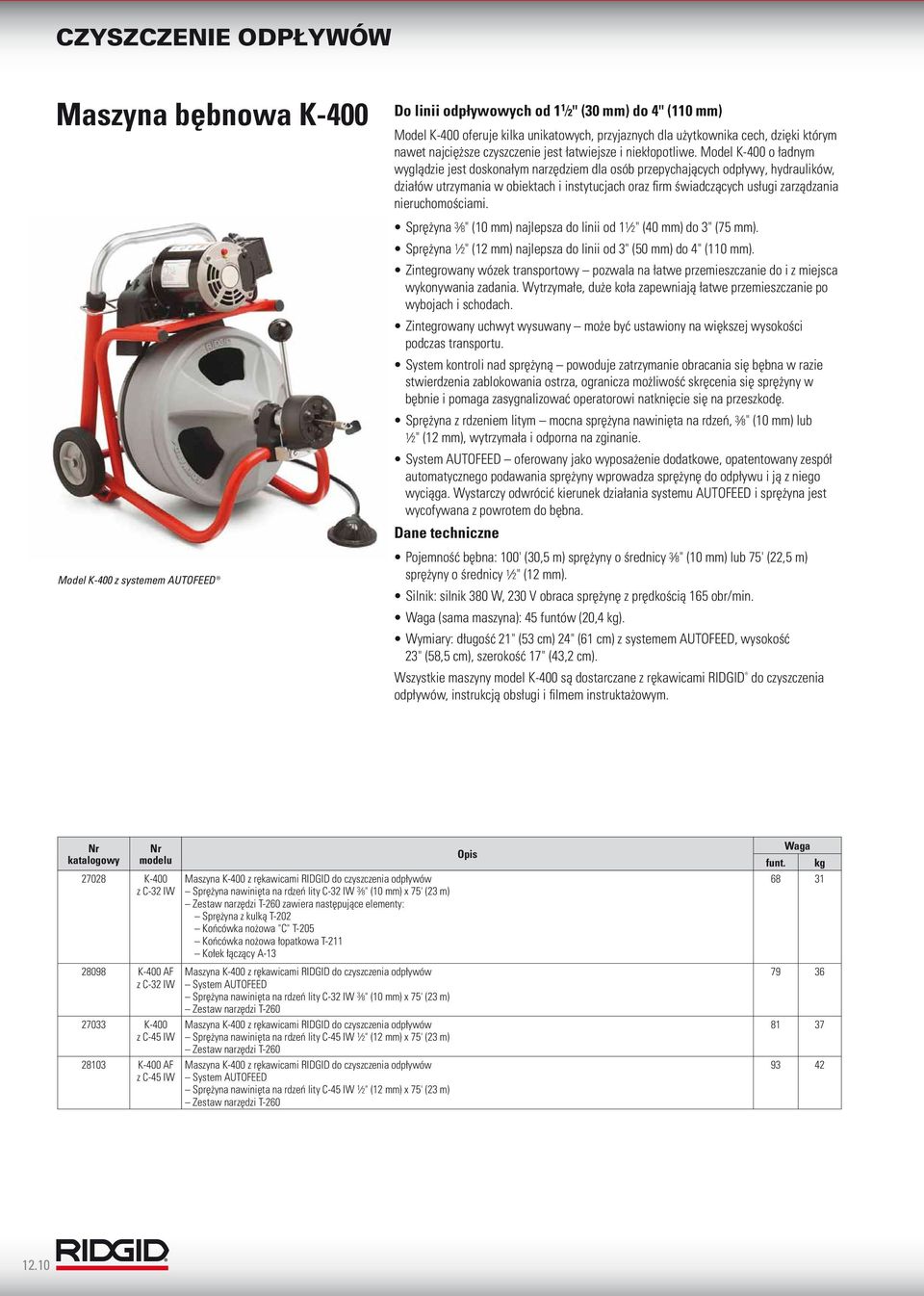 Model K-400 o ładnym wyglądzie jest doskonałym narzędziem dla osób przepychających odpływy, hydraulików, działów utrzymania w obiektach i instytucjach oraz firm świadczących usługi zarządzania