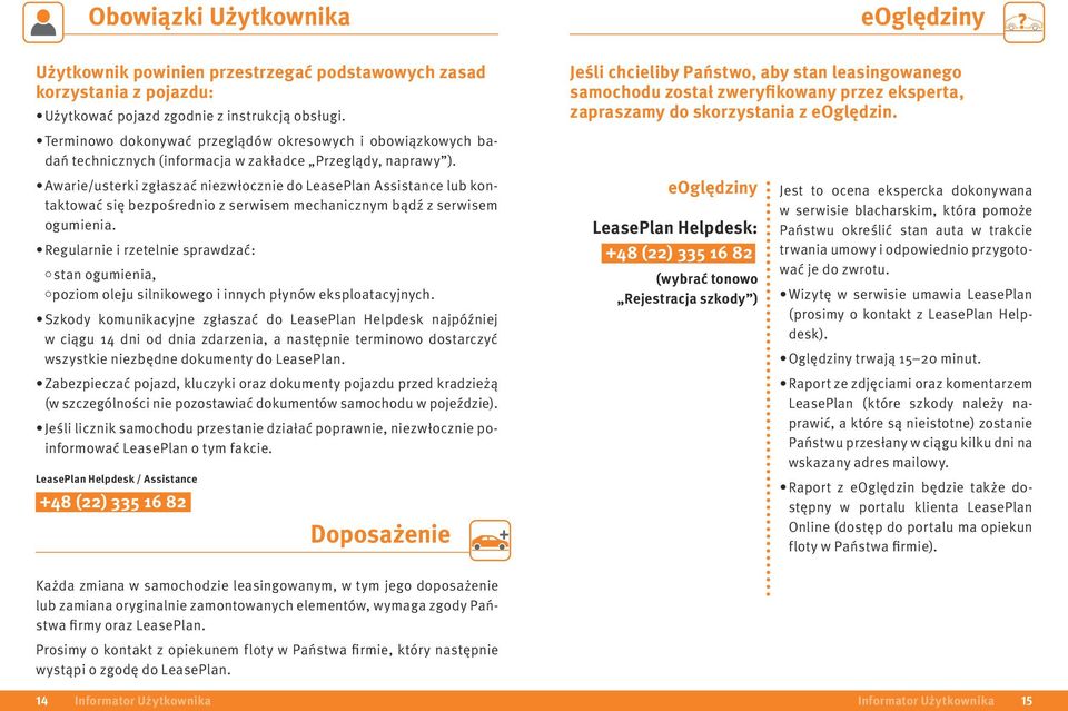 Awarie/usterki zgłaszać niezwłocznie do LeasePlan Assistance lub kontaktować się bezpośrednio z serwisem mechanicznym bądź z serwisem ogumienia.