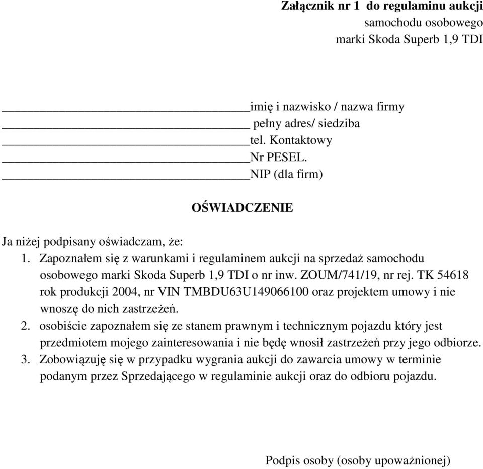 ZOUM/741/19, nr rej. TK 54618 rok produkcji 20