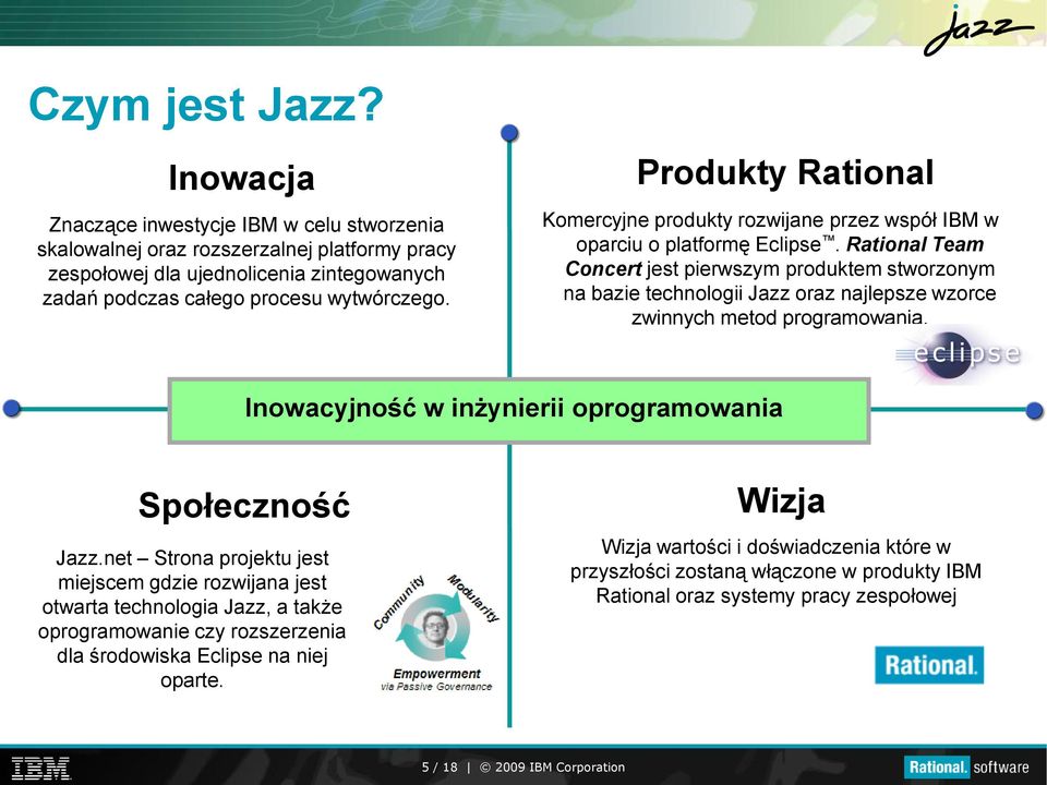 Rational Team Concert jest pierwszym produktem stworzonym na bazie technologii Jazz oraz najlepsze wzorce zwinnych metod programowania. Inowacyjność w inżynierii oprogramowania Społeczność Jazz.
