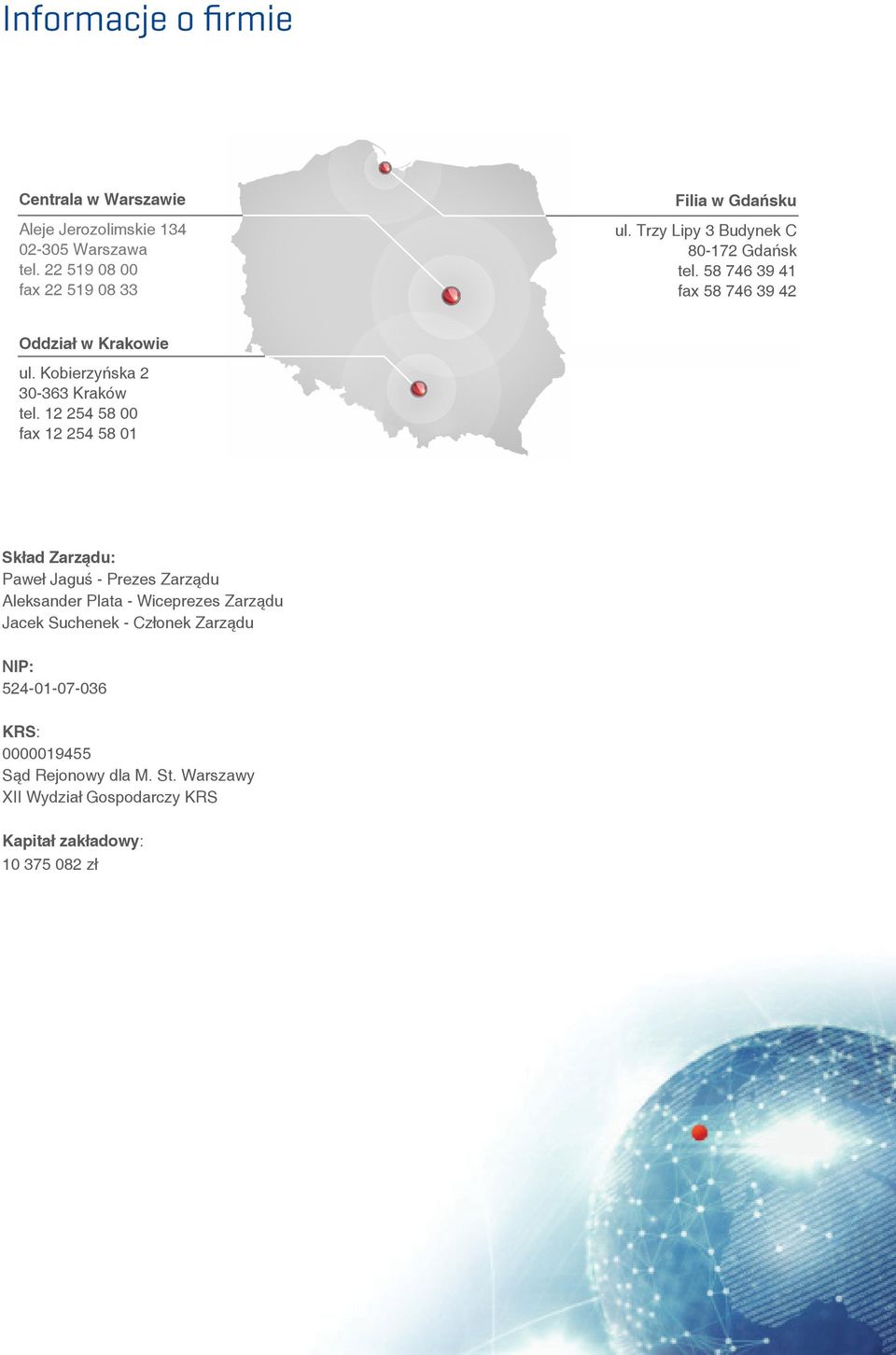 12 254 58 00 fax 12 254 58 01 Skład Zarządu: Paweł Jaguś - Prezes Zarządu Aleksander Plata - Wiceprezes Zarządu Jacek Suchenek -