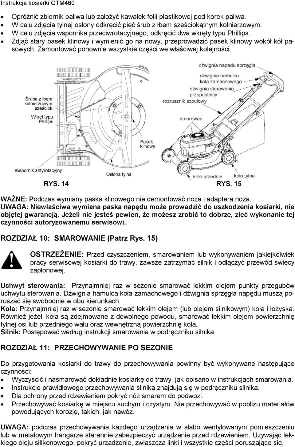 Zamontować ponownie wszystkie części we właściwej kolejności. RYS. 14 RYS. 15 WAŻNE: Podczas wymiany paska klinowego nie demontować noża i adaptera noża.