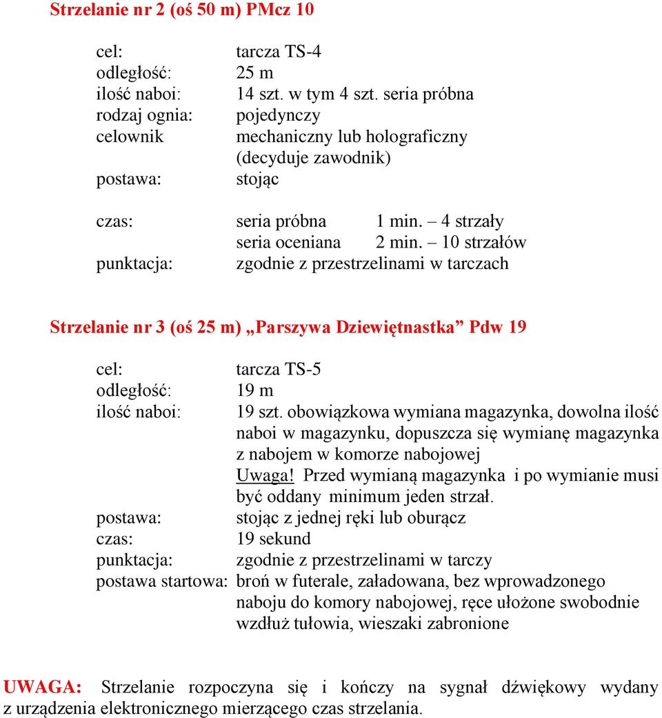 10 strzałów punktacja: zgodnie z przestrzelinami w tarczach Strzelanie nr 3 (oś 25 m) Parszywa Dziewiętnastka Pdw 19 cel: tarcza TS-5 odległość: 19 m ilość naboi: 19 szt.