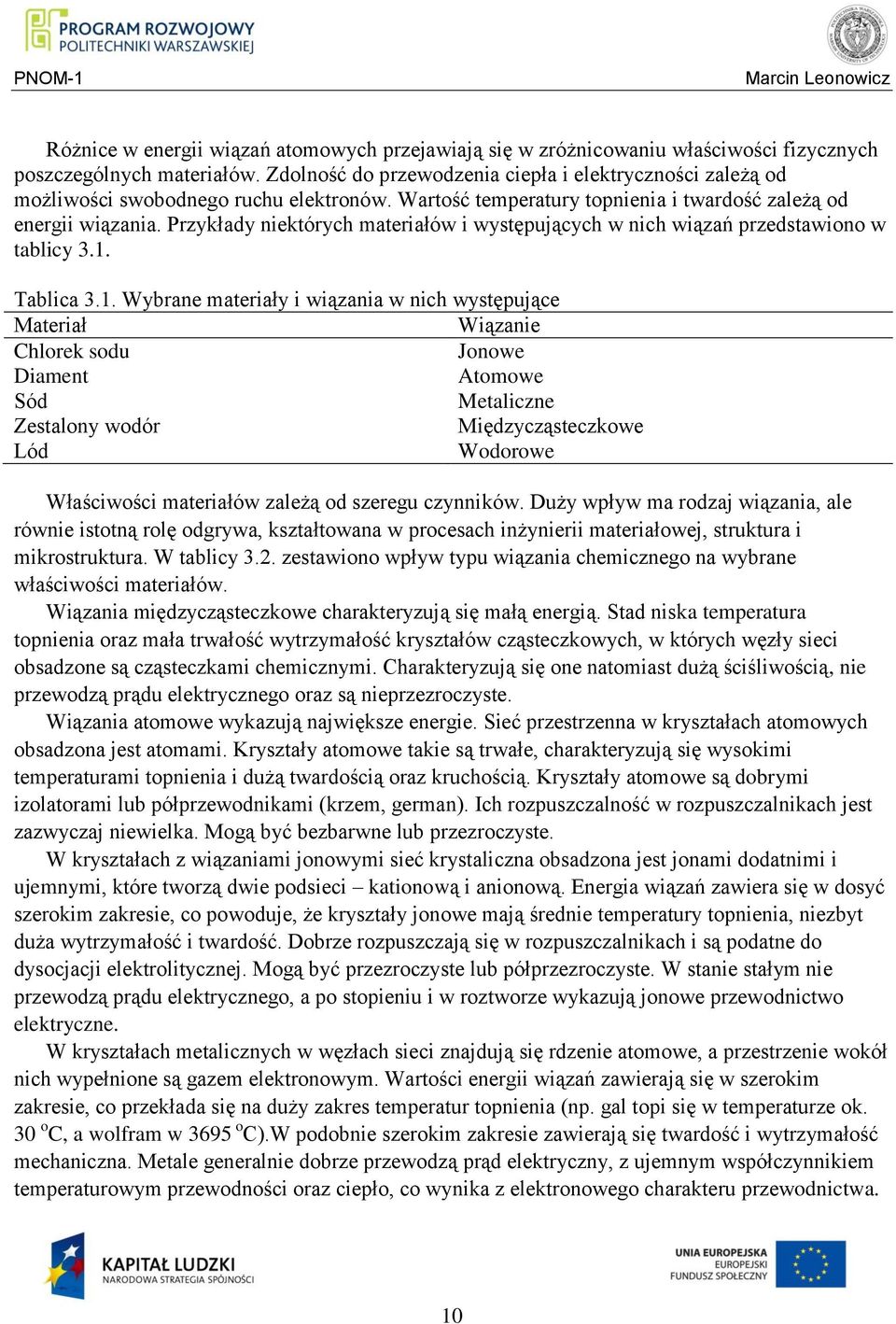 Przykłady niektórych materiałów i występujących w nich wiązań przedstawiono w tablicy 3.1.