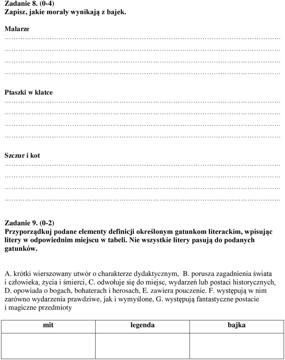 dydaktycznym, B porusza zagadnienia świata i człowieka, życia i śmierci, C odwołuje się do miejsc, wydarzeń lub postaci historycznych, D opowiada o bogach,