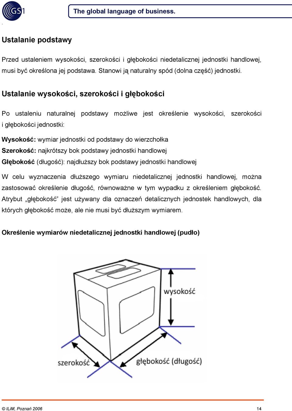 od podstawy do wierzchołka Szerokość: najkrótszy bok podstawy jednostki handlowej Głębokość (długość): najdłuższy bok podstawy jednostki handlowej W celu wyznaczenia dłuższego wymiaru niedetalicznej