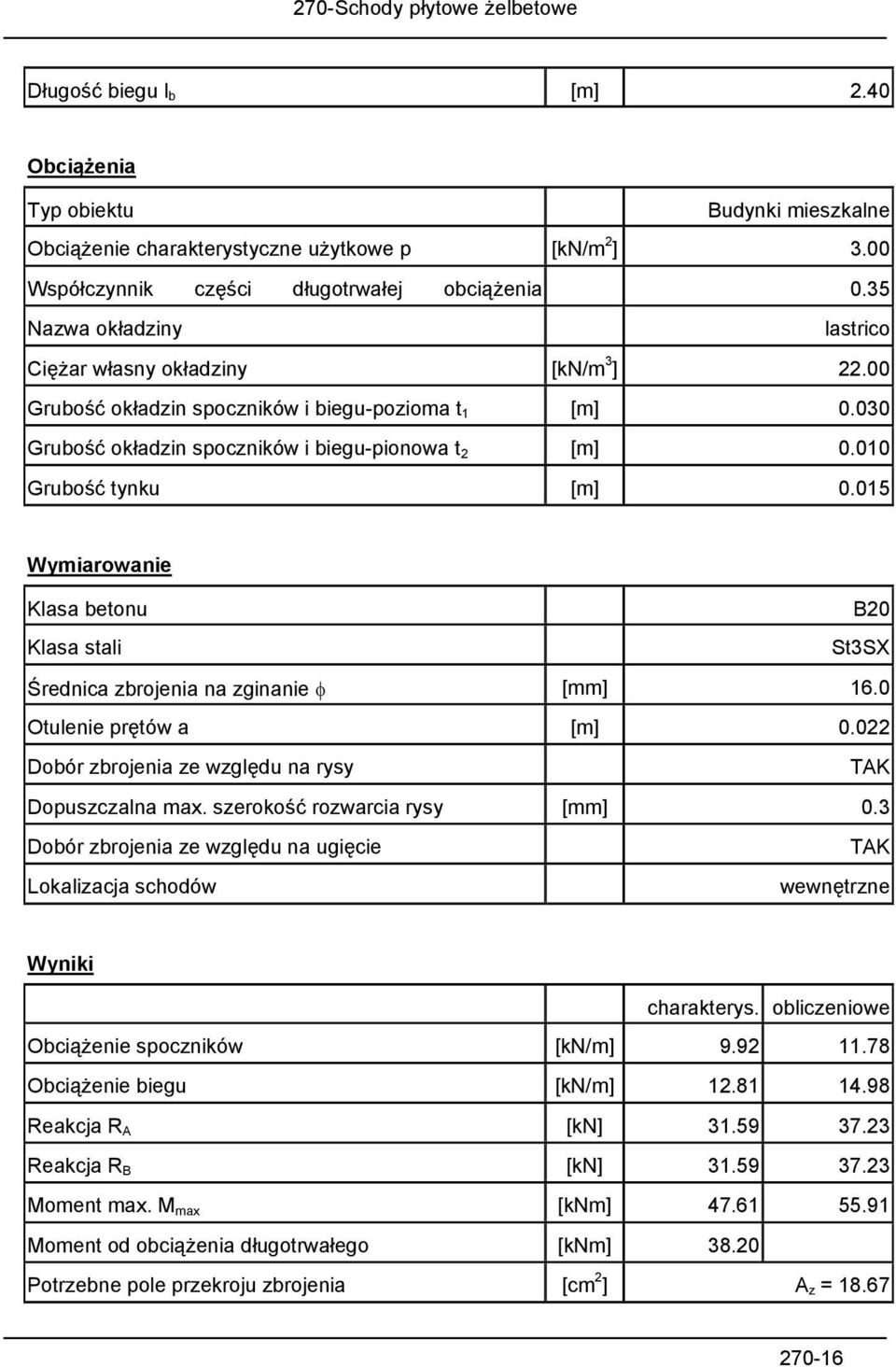 015 Wymiarowanie Klasa betonu B20 Klasa stali St3SX Średnica zbrojenia na zginanie φ [mm] 16.0 Otulenie prętów a 0.022 Dobór zbrojenia ze względu na rysy TAK Dopuszczalna max.