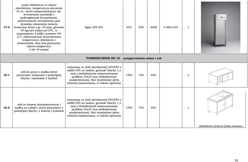 60 mm, gęstości 40 kg/m3 wolna od CFC, w wyposażeniu 3 półki rusztowe GN 2/1, elektronicznie kontrolowana temperatura chłodzenia i rozmrażania, dwa lata gwarancji, zakres temperatur 0 do +8