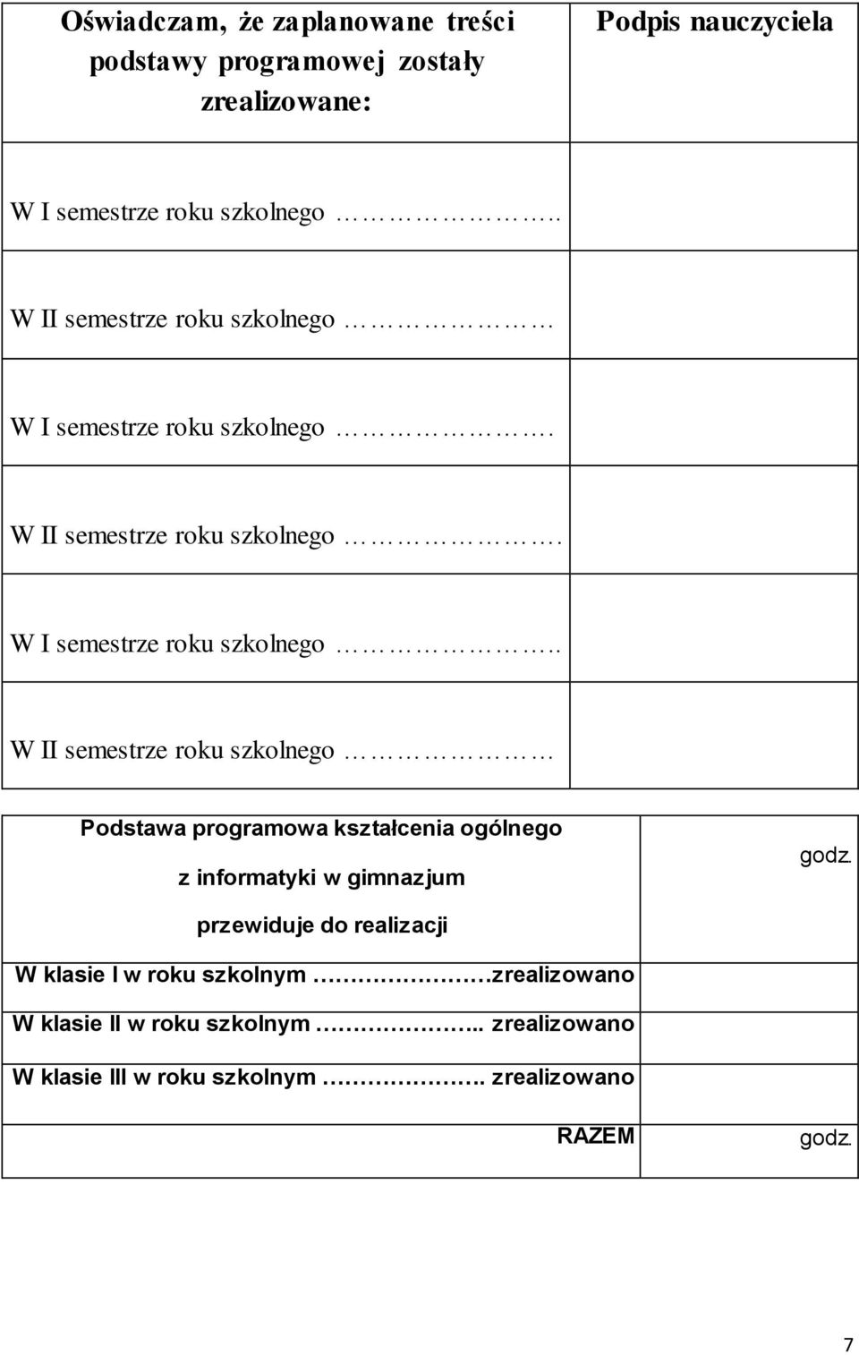 W II semestrze roku szkolnego. W I semestrze roku szkolnego.