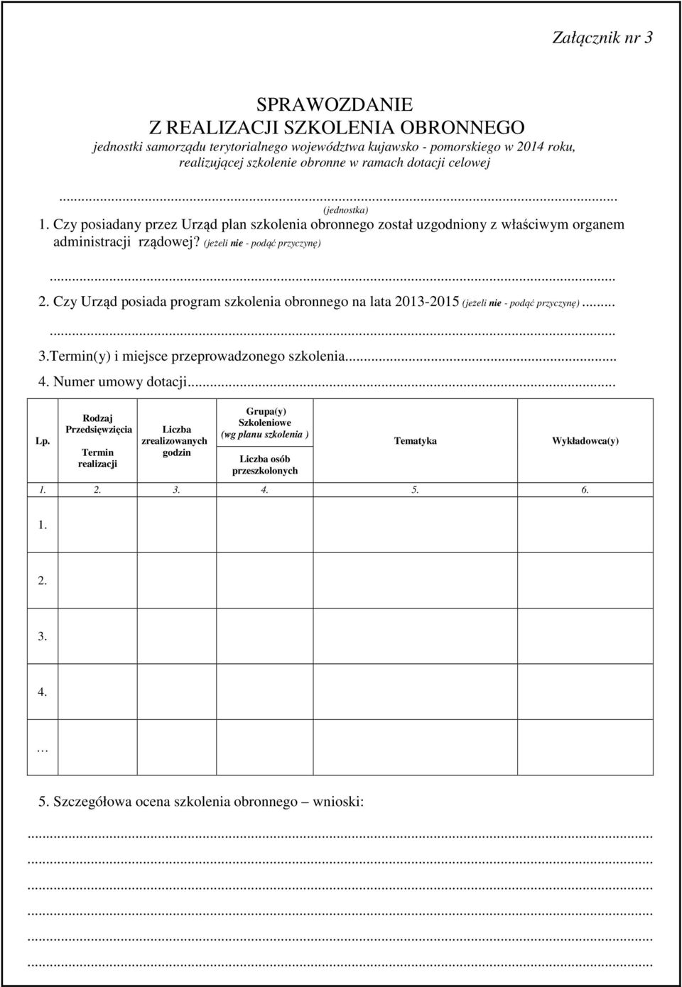Czy Urząd posiada program szkolenia obronnego na lata 2013-2015 (jeżeli nie - podąć przyczynę)...... 3.Termin(y) i miejsce przeprowadzonego szkolenia... 4. Numer umowy dotacji... Lp.