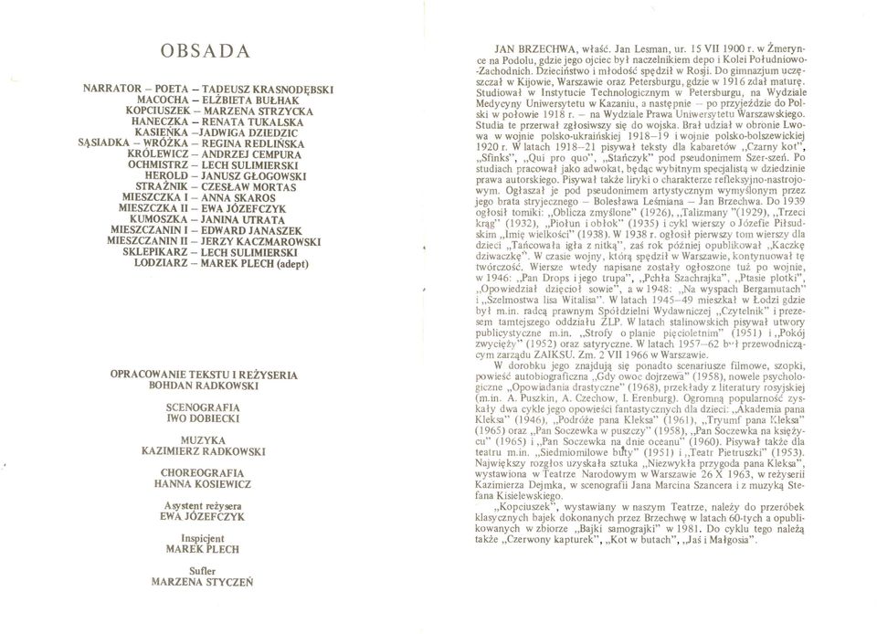 - EDWARD JANASZEK MIESZCZANIN II - JERZY KACZMAROWSKI SKLEPIKARZ - LECH SULIMIERSKI WDZIARZ - MAREK PLECH (adept) OPRACOWANIE TEKSTU I REŻYSERIA BOHDAN RADKOWSKI SCENOGRAFIA IWO DOBIECKI MUZYKA