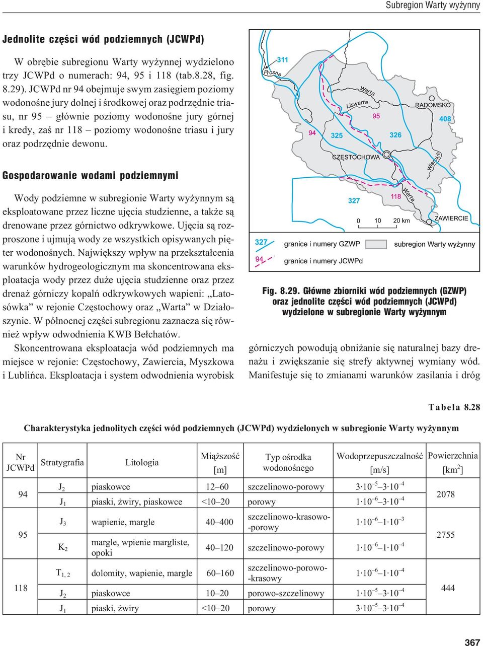 oraz podrzêdnie dewonu. Gospodarowanie wodami podziemnymi Wody podziemne w subregionie Warty wy ynnym s¹ eksploatowane przez liczne ujêcia studzienne, a tak e s¹ drenowane przez górnictwo odkrywkowe.