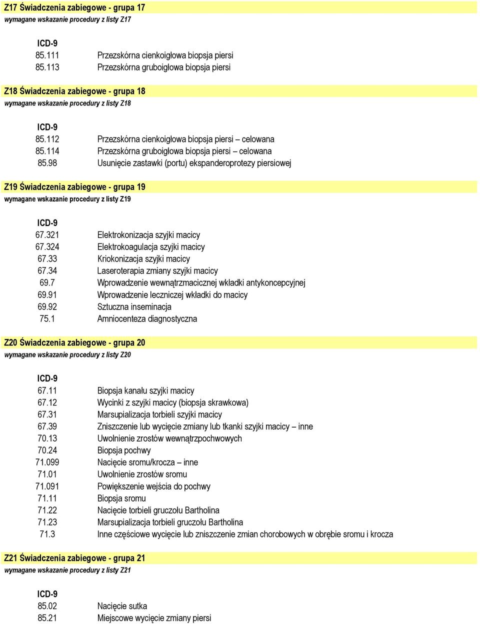 114 Przezskórna gruboigłowa biopsja piersi celowana 85.98 Usunięcie zastawki (portu) ekspanderoprotezy piersiowej Z19 Świadczenia zabiegowe - grupa 19 wymagane wskazanie procedury z listy Z19 67.