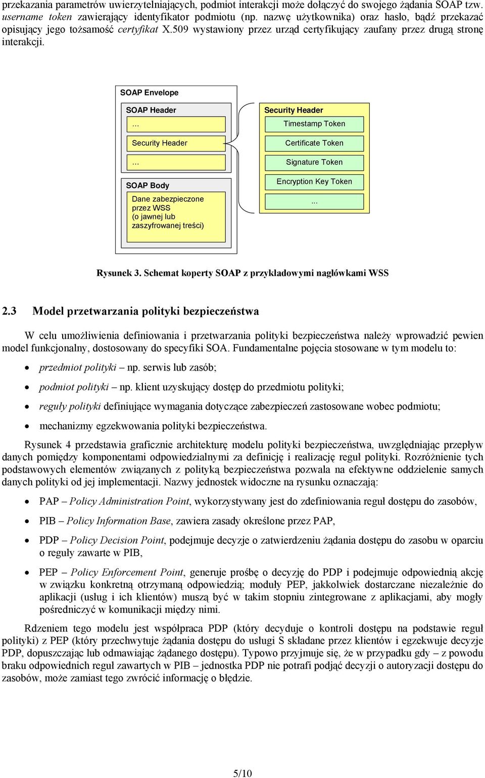 przez WSS (o jawnej lub zaszyfrowanej treści) Security Header Timestamp Token Certificate Token Signature Token Encryption Key Token Rysunek 3 Schemat koperty SOAP z przykładowymi nagłówkami WSS 23