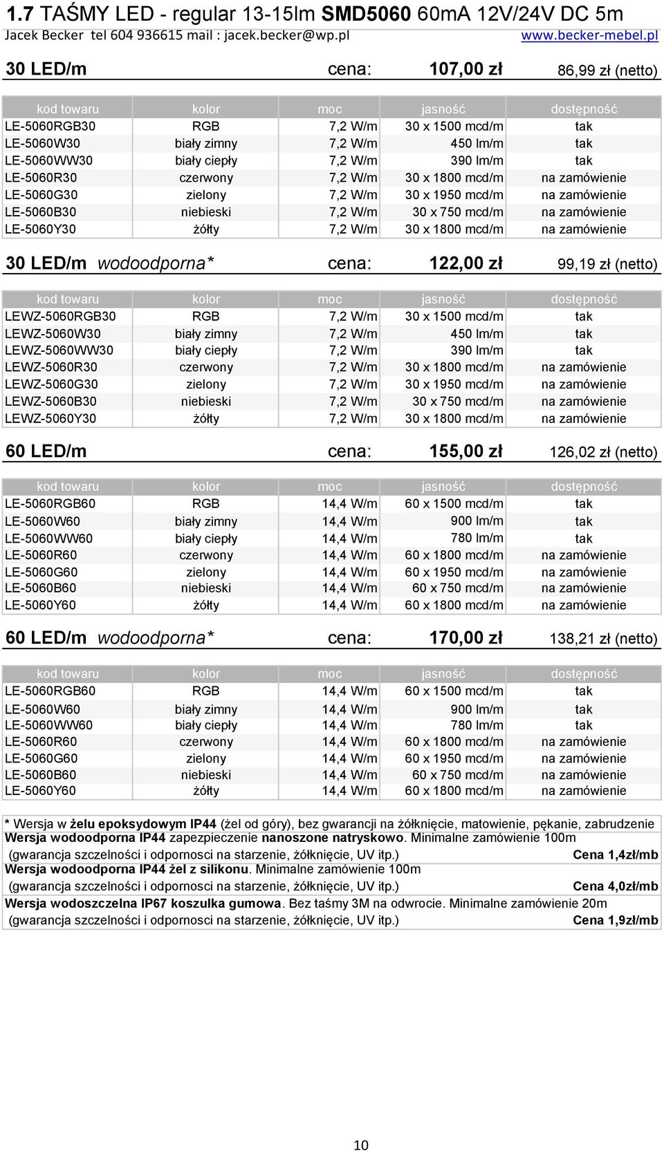 mcd/m na zamówienie LE-5060Y30 żółty 7,2 W/m 30 x 1800 mcd/m na zamówienie 30 LED/m wodoodporna* cena: 122,00 zł 99,19 zł (netto) LEWZ-5060RGB30 RGB 7,2 W/m 30 x 1500 mcd/m tak LEWZ-5060W30 biały