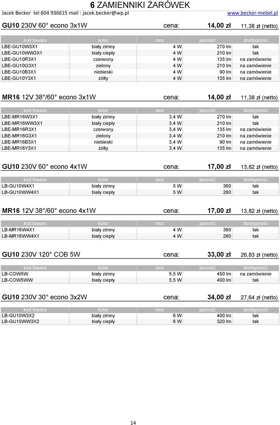 (netto) LBE-MR16W3X1 biały zimny 3,4 W 270 lm tak LBE-MR16WW3X1 biały ciepły 3,4 W 210 lm tak LBE-MR16R3X1 czerwony 3,4 W 135 lm na zamówienie LBE-MR16G3X1 zielony 3,4 W 210 lm na zamówienie