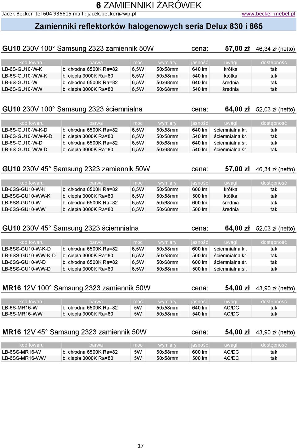 chłodna 6500K Ra=82 6,5W 50x68mm 640 lm średnia tak LB-6S-GU10-WW b.