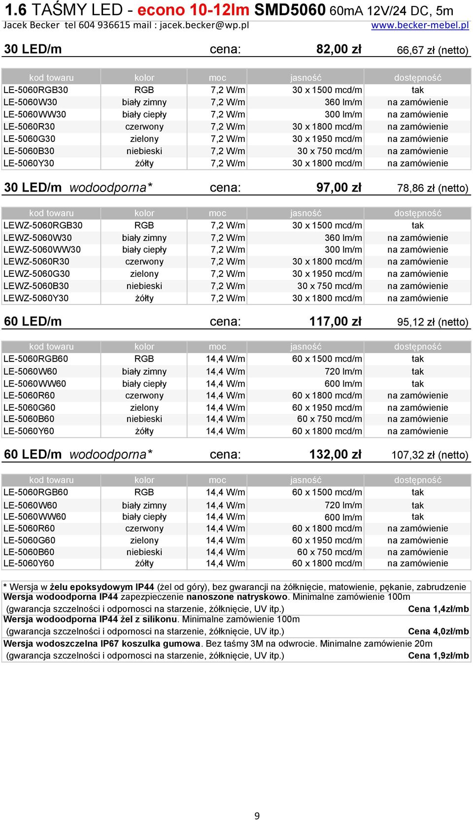 30 x 750 mcd/m na zamówienie LE-5060Y30 żółty 7,2 W/m 30 x 1800 mcd/m na zamówienie 30 LED/m wodoodporna* cena: 97,00 zł 78,86 zł (netto) LEWZ-5060RGB30 RGB 7,2 W/m 30 x 1500 mcd/m tak LEWZ-5060W30