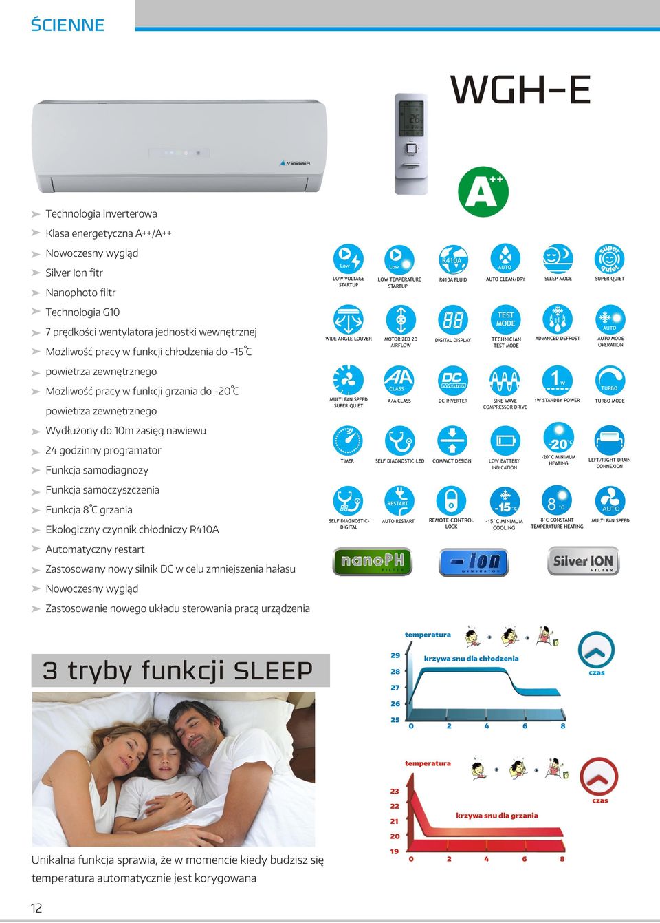 OPERATION powietrza zewnêtrznego Mo liwoœæ pracy w funkcji grzania do 0 C powietrza zewnêtrznego MULTI FAN SPEED SUPER QUIET CLASS A/A CLASS DC INVERTER SINE WAVE COMPRESSOR DRIVE 1W 1W STANDBY POWER