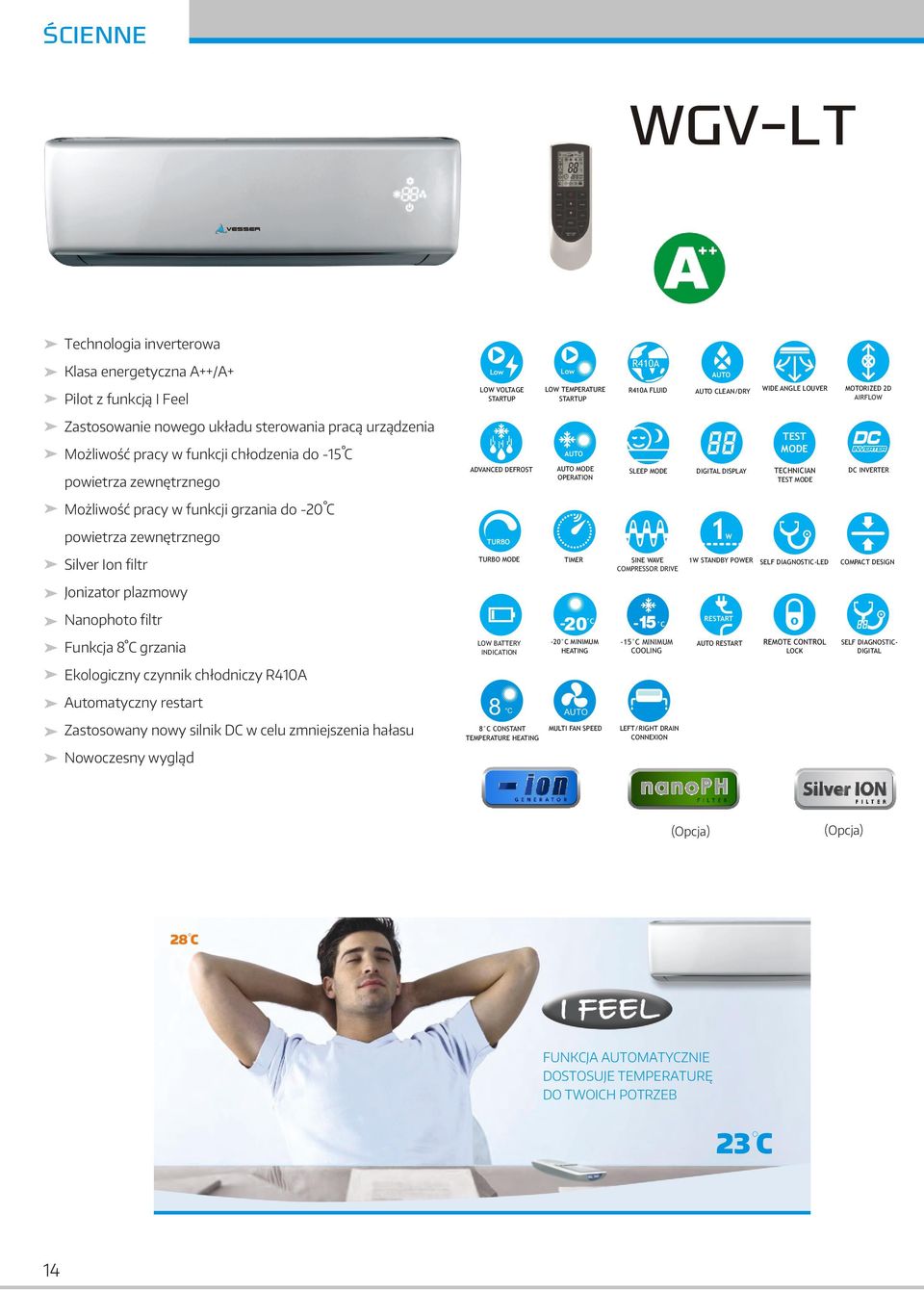 Mo liwoœæ pracy w funkcji grzania do 0 C powietrza zewnêtrznego TURBO 1W Silver Ion filtr Jonizator plazowy Funkcja WIFI TURBO MODE TIMER SINE WAVE 1W STANDBY POWER SELF DIAGNOSTICLED COMPRESSOR