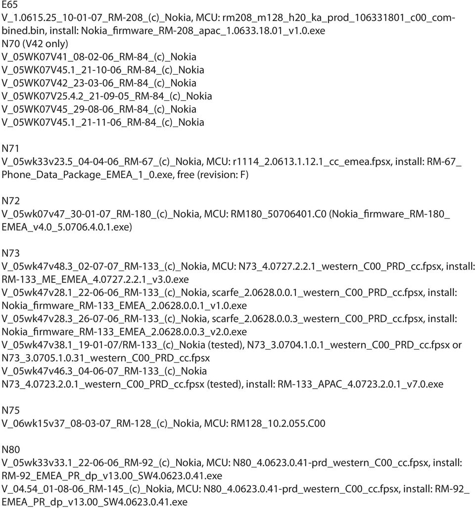 5_04-04-06_RM-67_(c)_Nokia, MCU: r1114_2.0613.1.12.1_cc_emea.fpsx, install: RM-67_ Phone_Data_Package_EMEA_1_0.exe, free (revision: F) N72 V_05wk07v47_30-01-07_RM-180_(c)_Nokia, MCU: RM180_50706401.