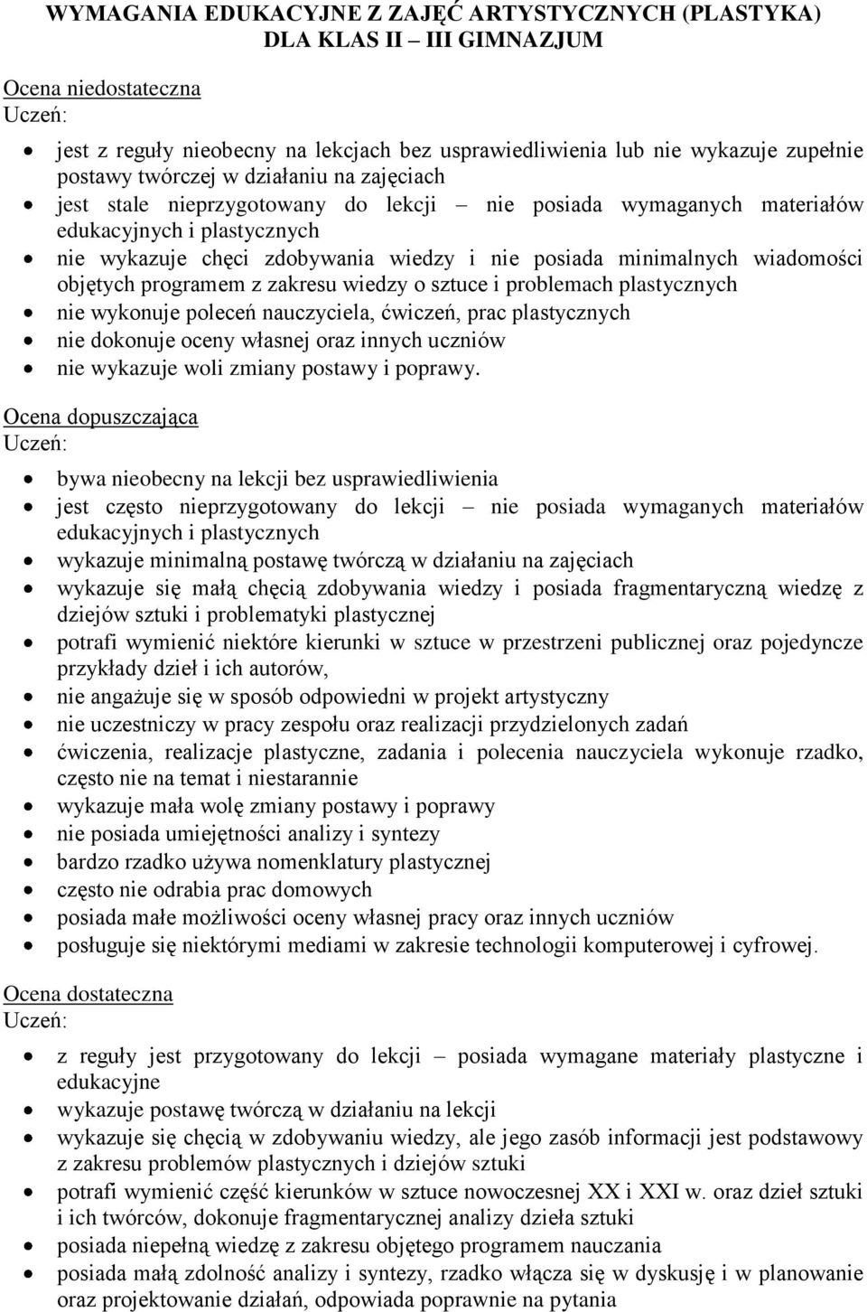 wiadomości objętych programem z zakresu wiedzy o sztuce i problemach plastycznych nie wykonuje poleceń nauczyciela, ćwiczeń, prac plastycznych nie dokonuje oceny własnej oraz innych uczniów nie