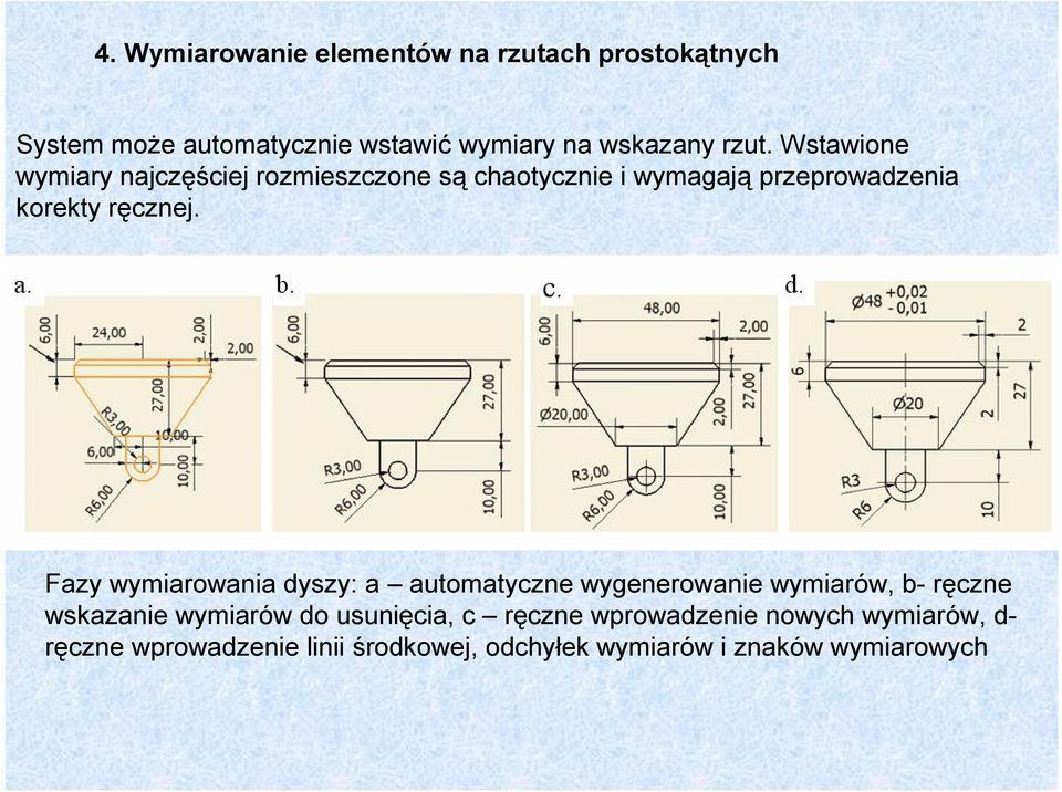 Fazy wymiarowania dyszy: a automatyczne wygenerowanie wymiarów, b- ręczne wskazanie wymiarów do usunięcia, c