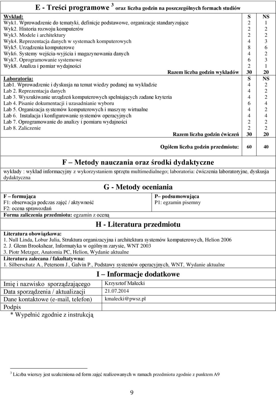 Analiza i pomiar wydajności Razem liczba godzin wykładów Laboratoria: Lab. Wprowadzenie i dyskusja na temat wiedzy podanej na wykładzie Lab. Reprezentacja danych Lab.