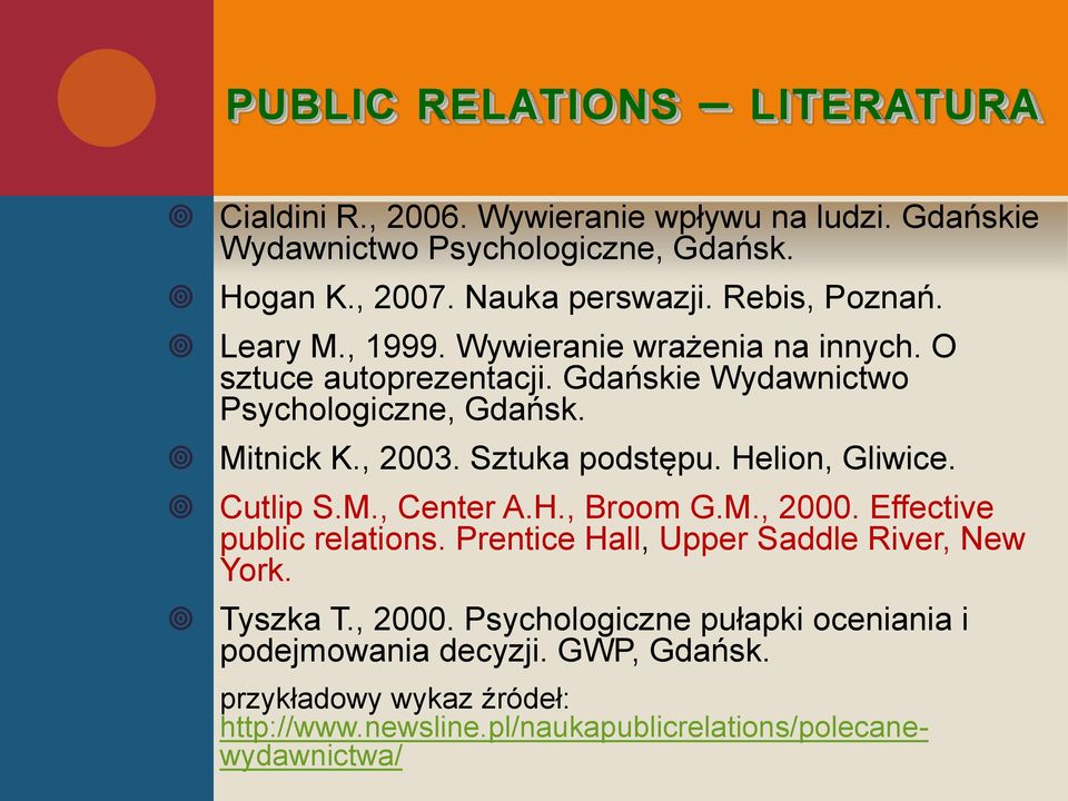 Sztuka podstępu. Helion, Gliwice. Cutlip S.M., Center A.H., Broom G.M., 2000. Effective public relations. Prentice Hall, Upper Saddle River, New York.