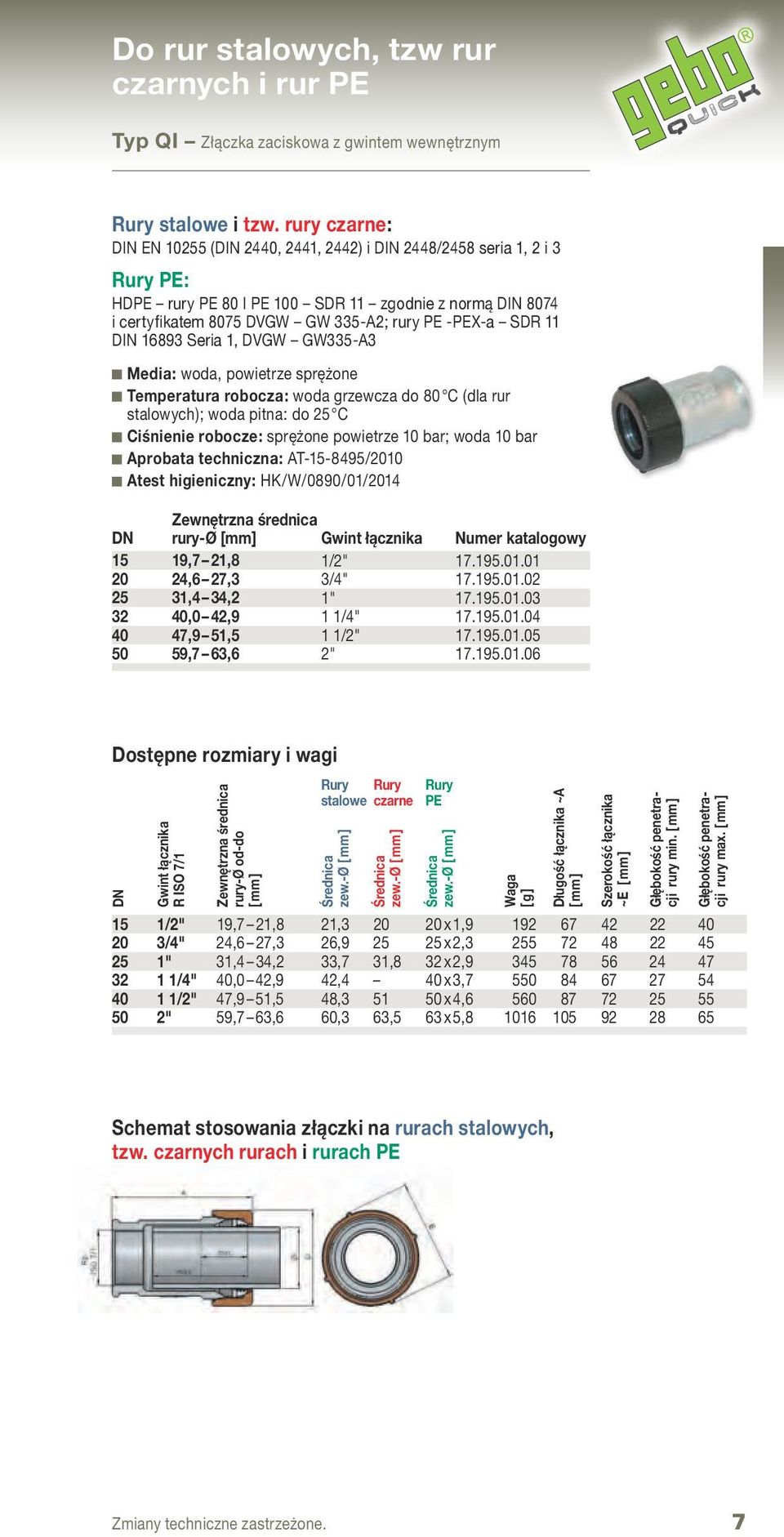 11 DIN 16893 Seria 1, DVGW GW335-A3 Media: woda, powietrze sprężone Temperatura robocza: woda grzewcza do 80 C (dla rur stalowych); woda pitna: do 25 C Ciśnienie robocze: sprężone powietrze 10 bar;