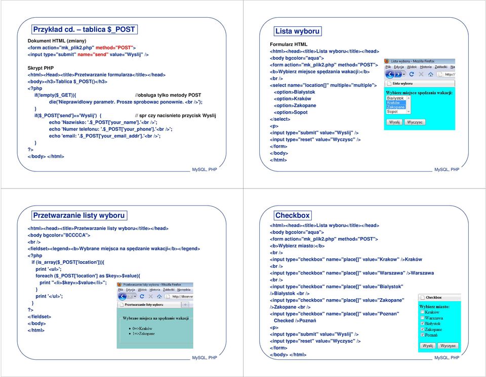 empty($_get)){ //obsługa tylko metody POST die('nieprawidlowy parametr. Prosze sprobowac ponownie. '); if($_post['send']=='wyslij') { // spr czy nacisnieto przycisk Wyslij echo 'Nazwisko: '.
